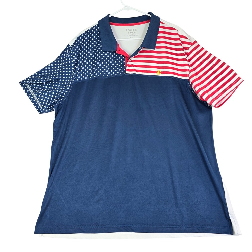 IZOD Golf Polo Shirt Men XL Blue American Flag Stars Stripes Performance Stretch